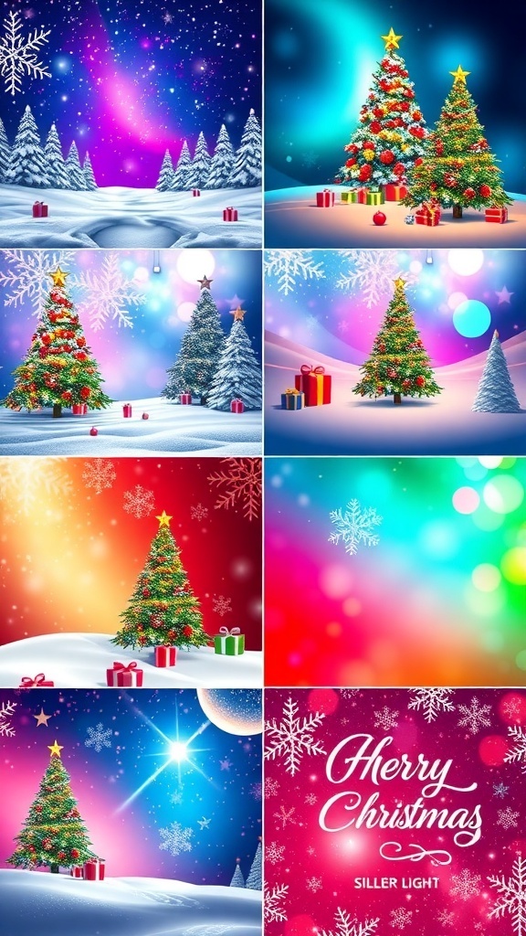 A variety of cheerful Christmas backgrounds with snowy landscapes and festive decorations.
